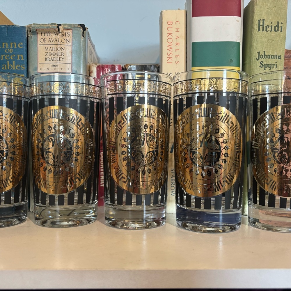 Mid-Century Federal Glass Black & Gold 22k Ball Cocktail Glasses Set Of 5
